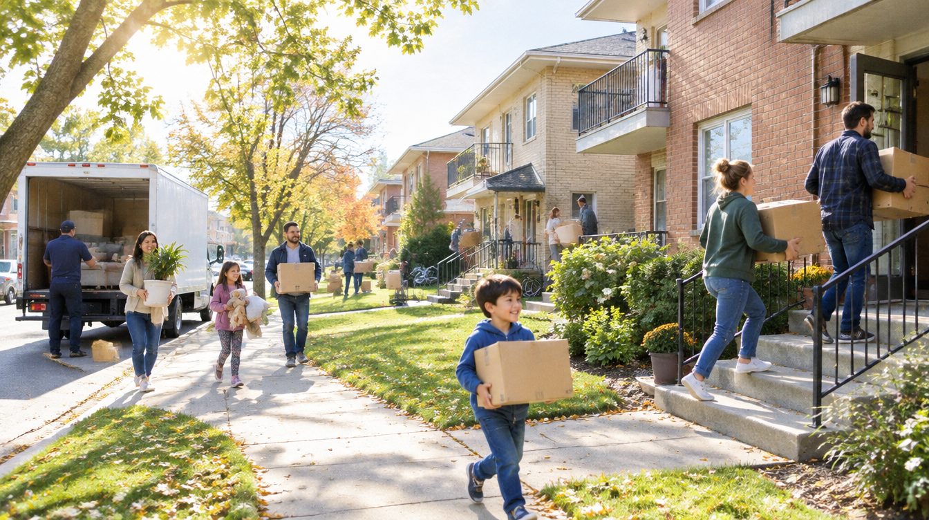 Families on moving day in front of a low-rise building