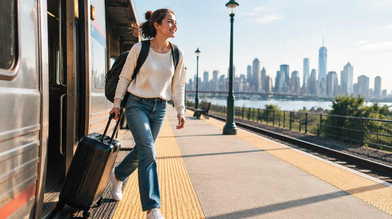 A young woman stepping off a train with a suitcase