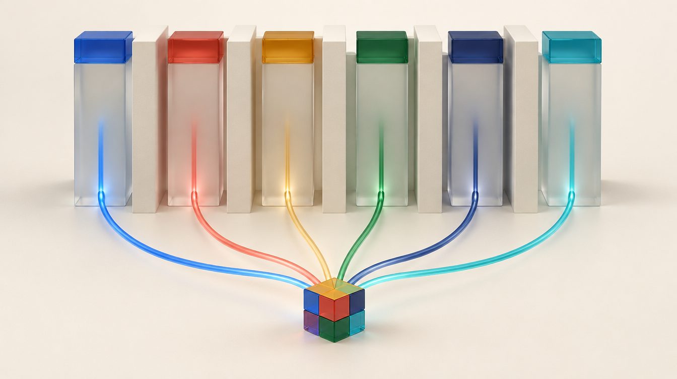 Six frosted towers with coloured caps, six light streams converging into one cube