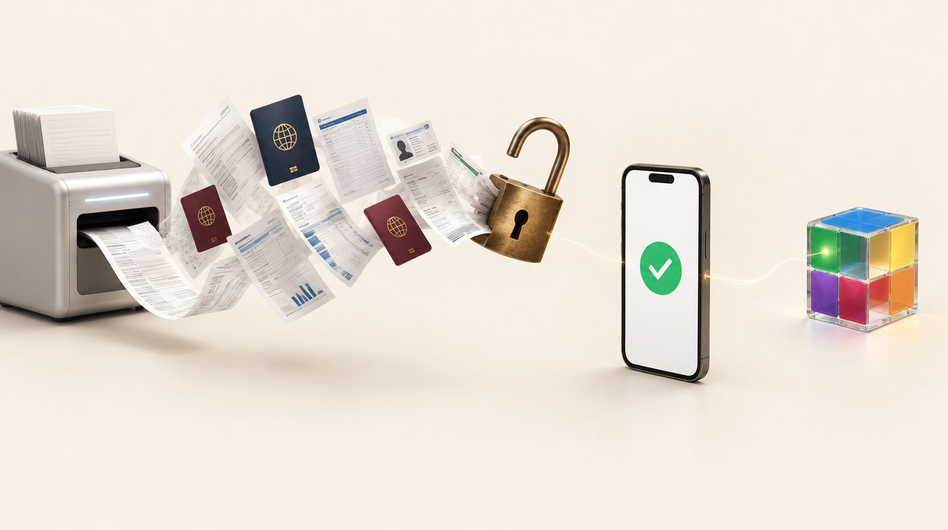 A machine printing perfect documents toward an open padlock, and a phone with a green check linked to the cube.