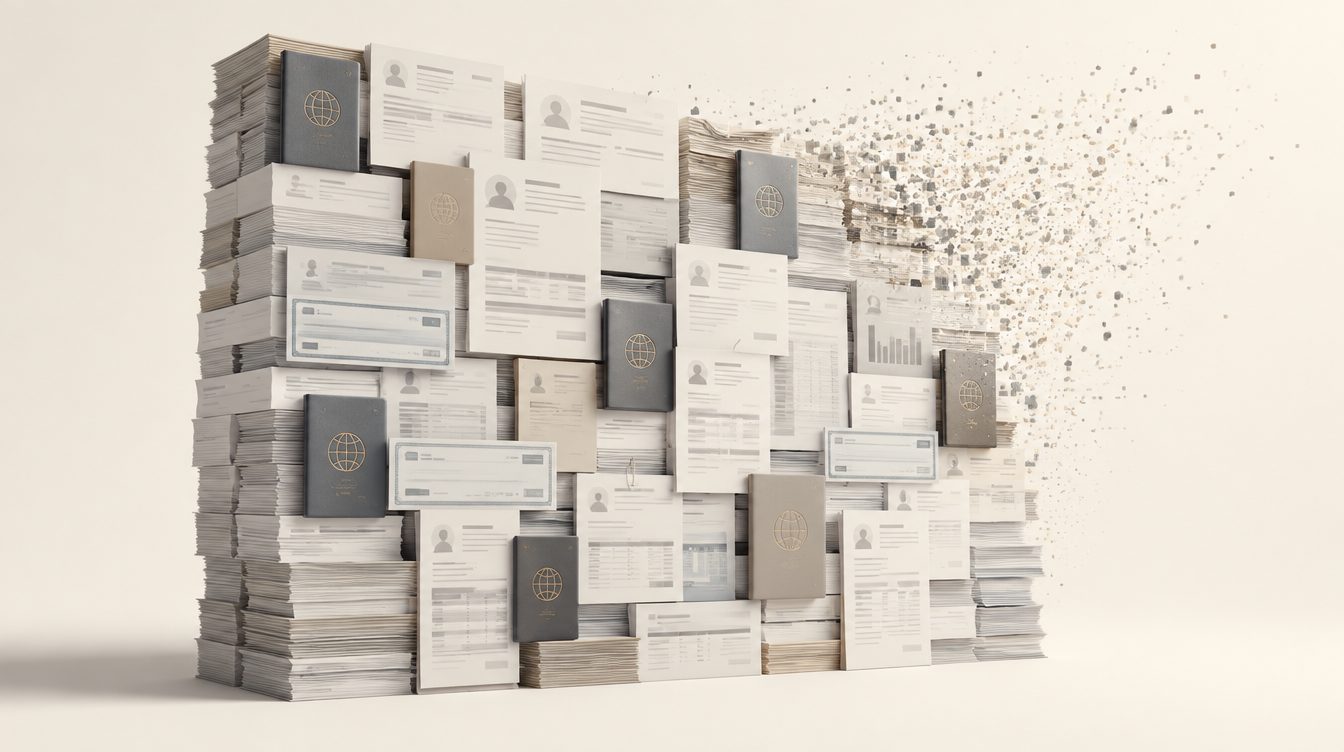A wall of paper documents dissolving into particles