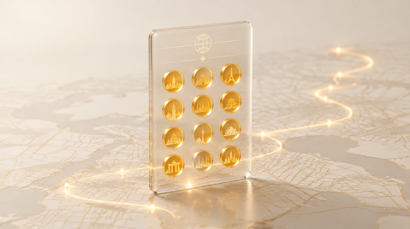A glass card with twelve amber coins and a light trail across a map