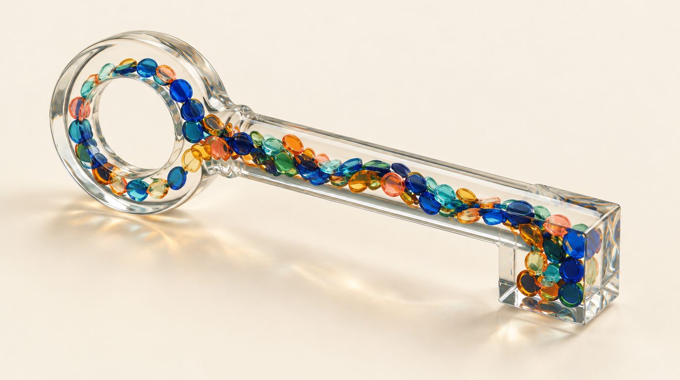 A glass key filled with coins in the six colours flowing to a cube.