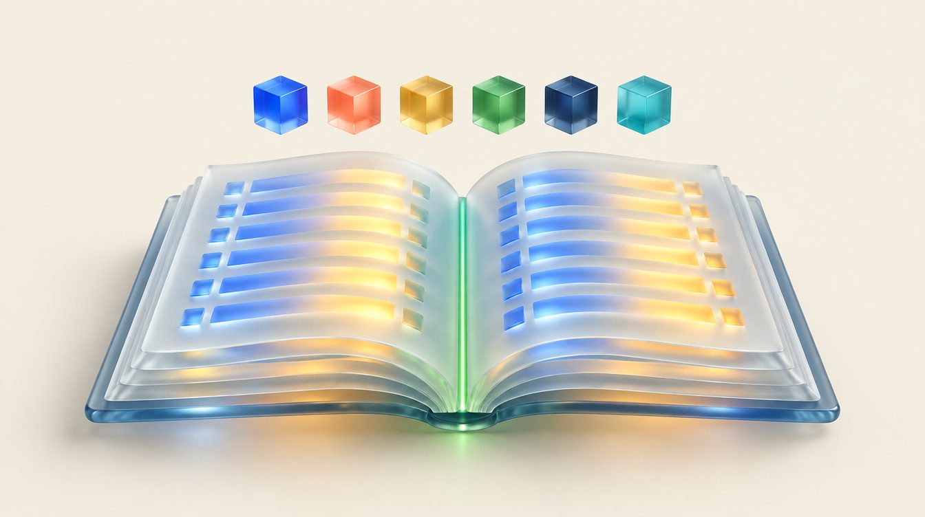 An open frosted ledger with glowing rows and six small coloured cubes above.