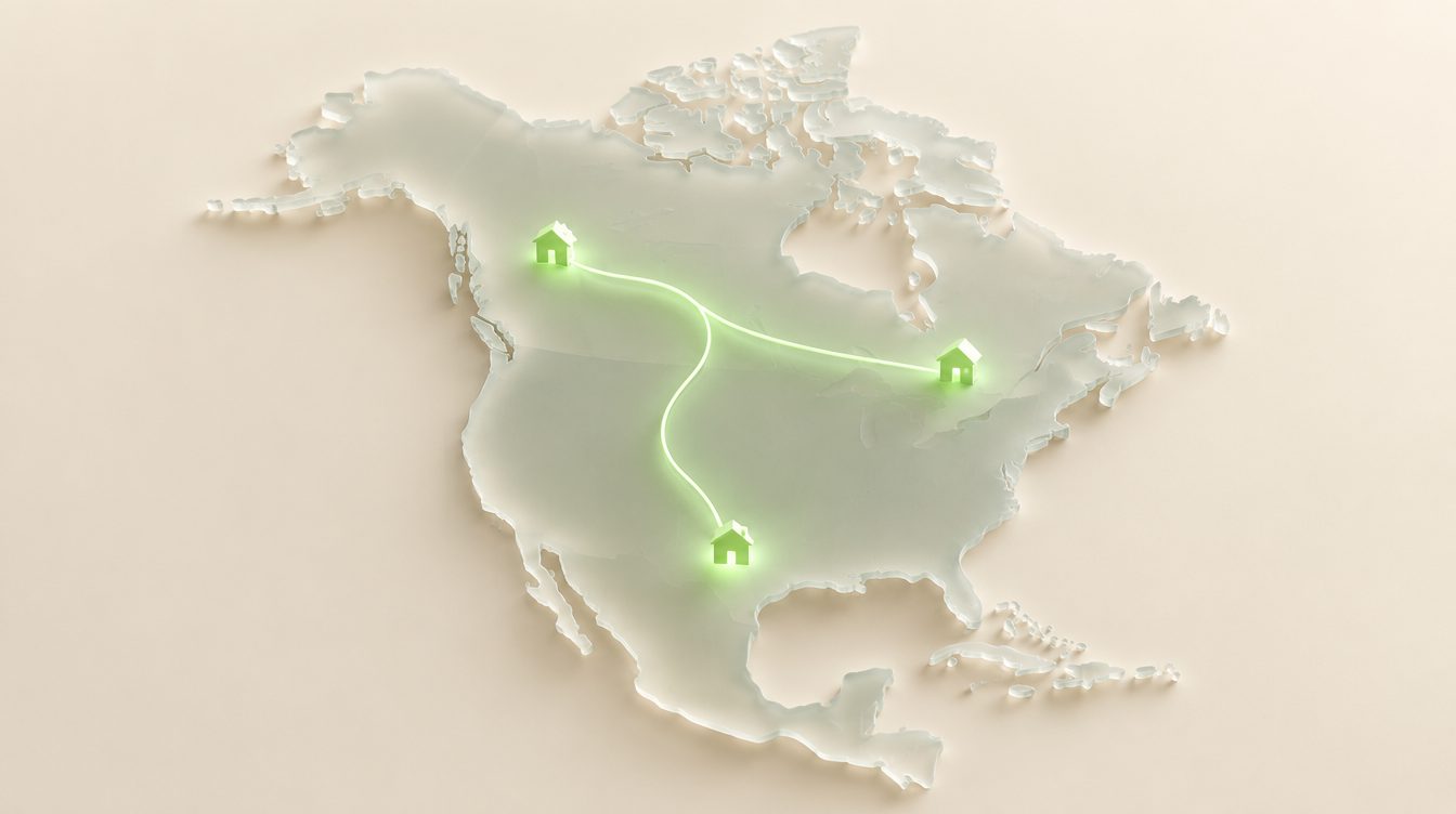 A glass map of North America with a green thread Toronto to Calgary to Austin.