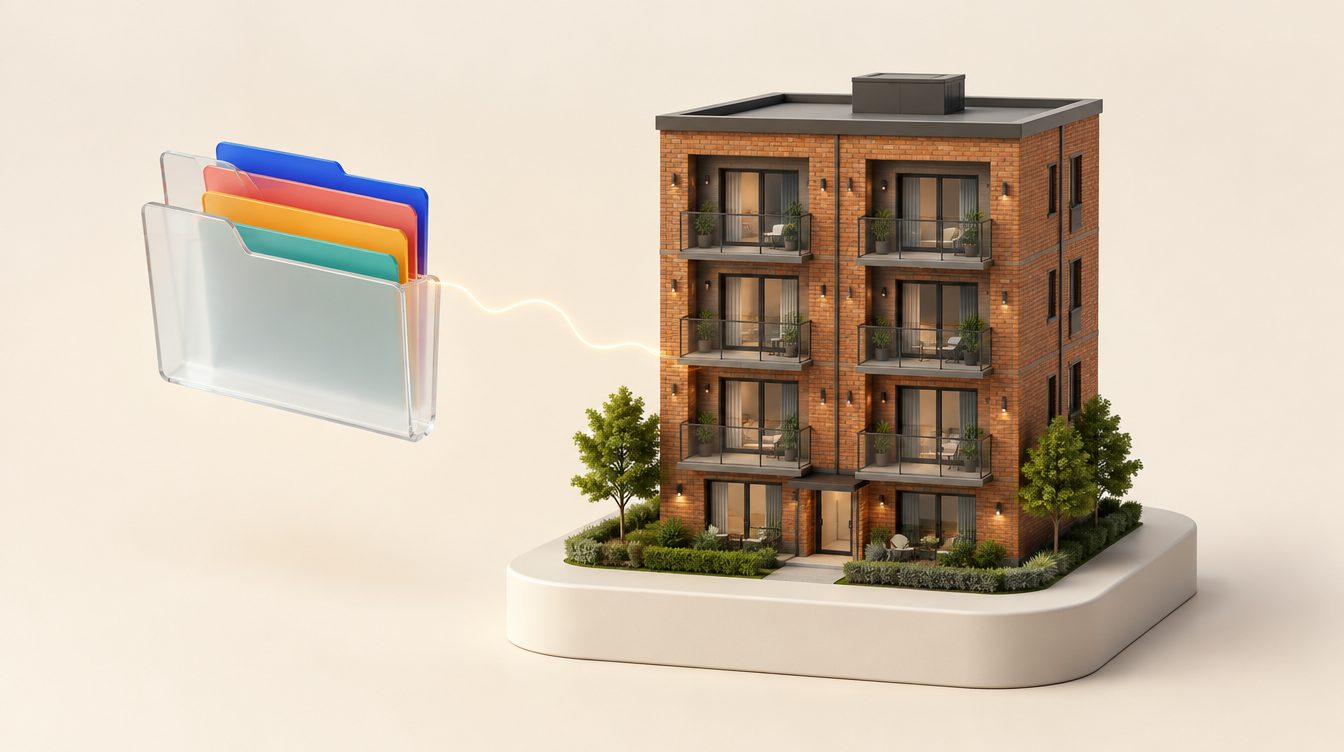 A four-unit brick building with a glass folder of coloured tabs