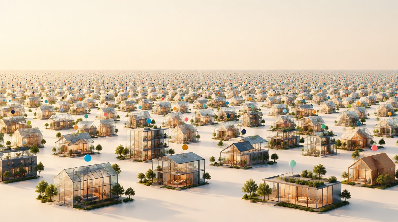 An endless field of small glass houses with coloured dots.