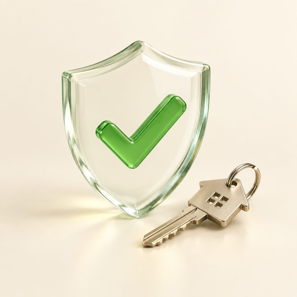 A glass shield with a green check beside a house key.