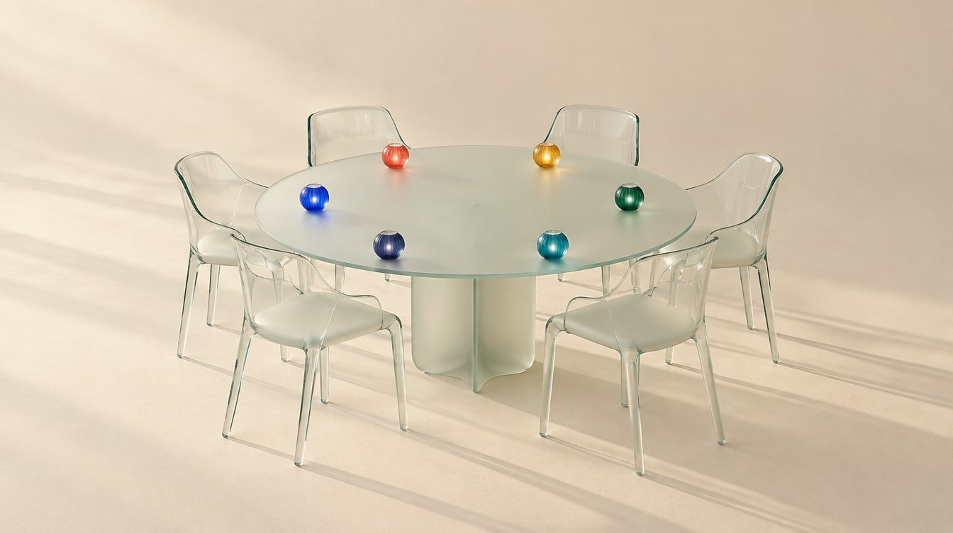 A round glass table with six chairs, a different coloured object at each place