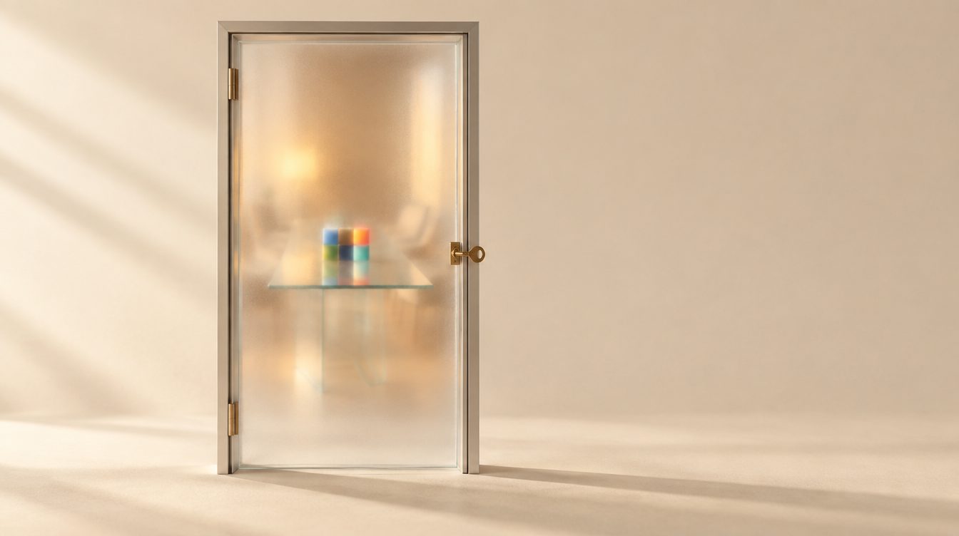 A frosted glass door with a brass key in the lock, a lit room behind it