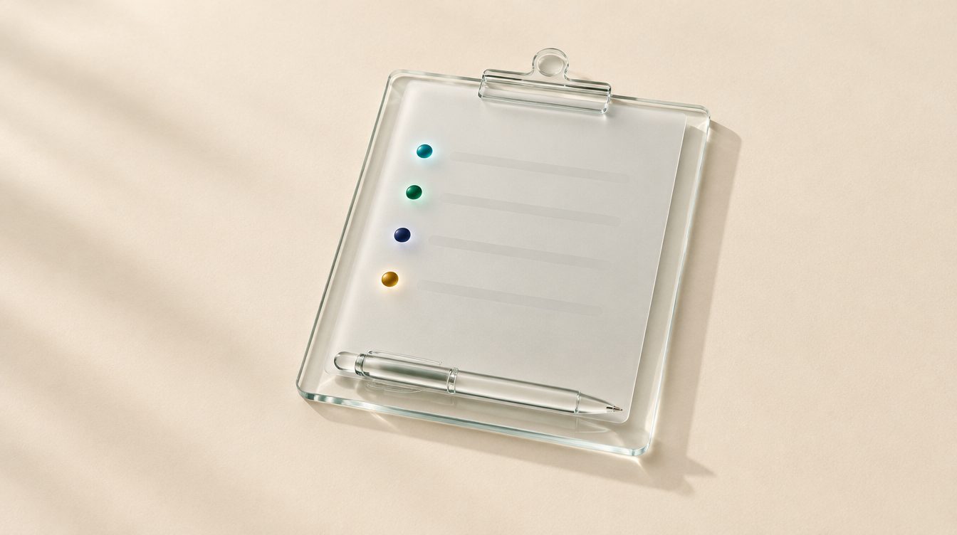 A glass clipboard with four coloured dots down its edge