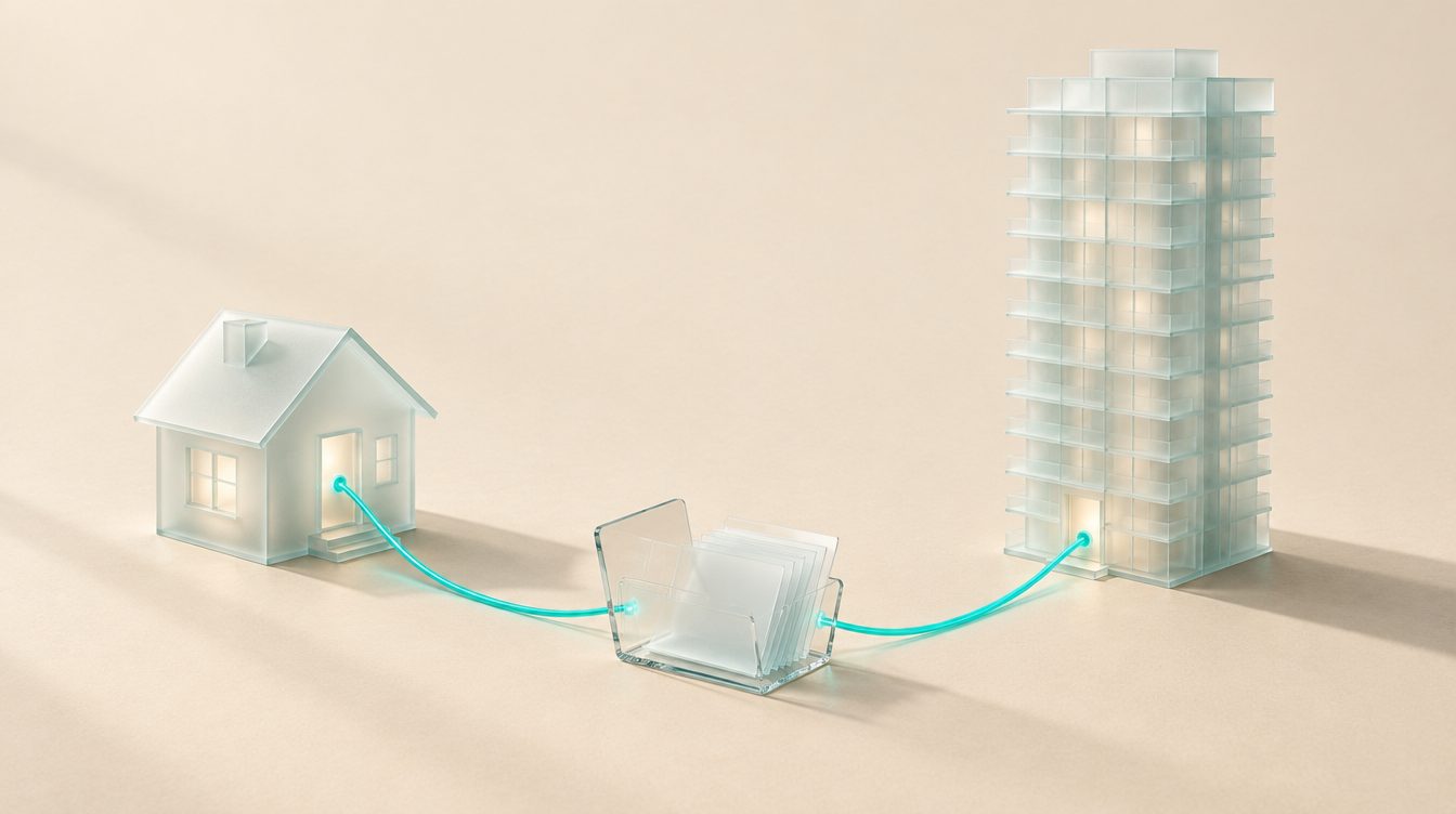 A small glass house and a glass tower, both connected to one open folder