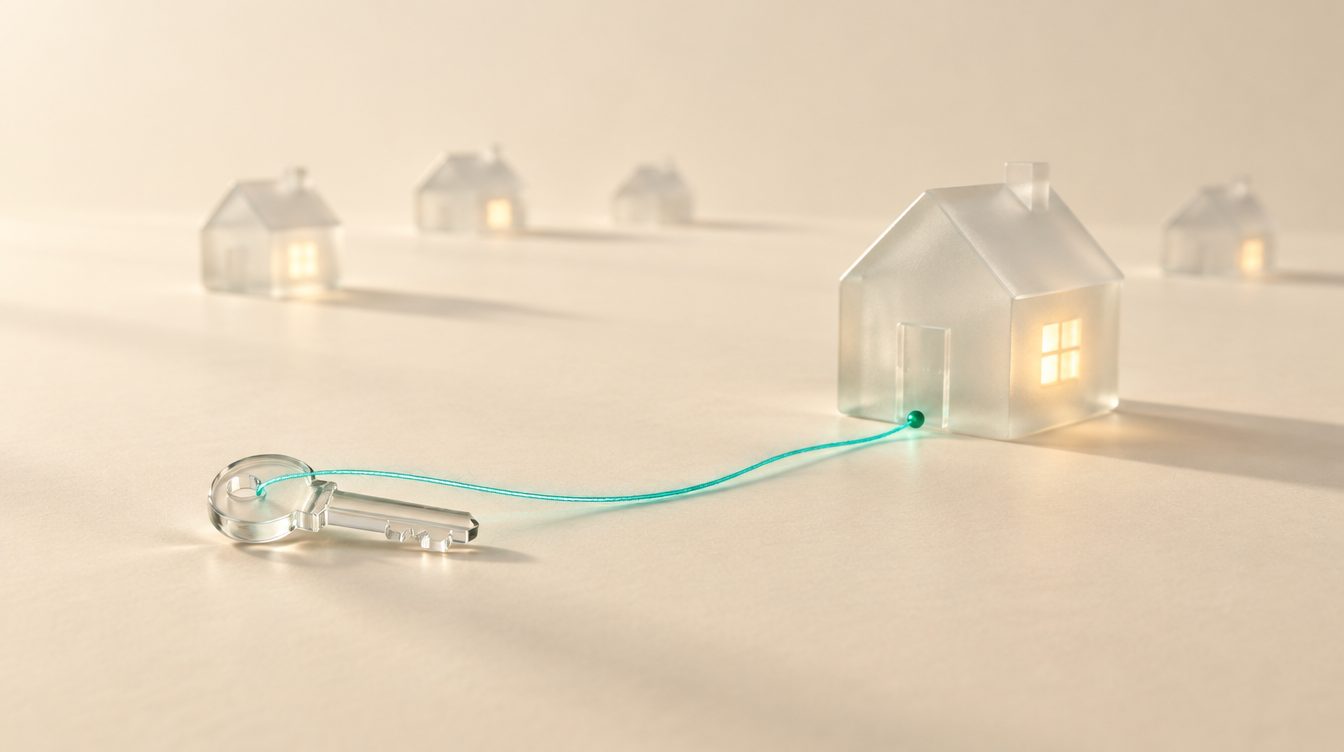 A glass key joined to a small glass house by one teal thread