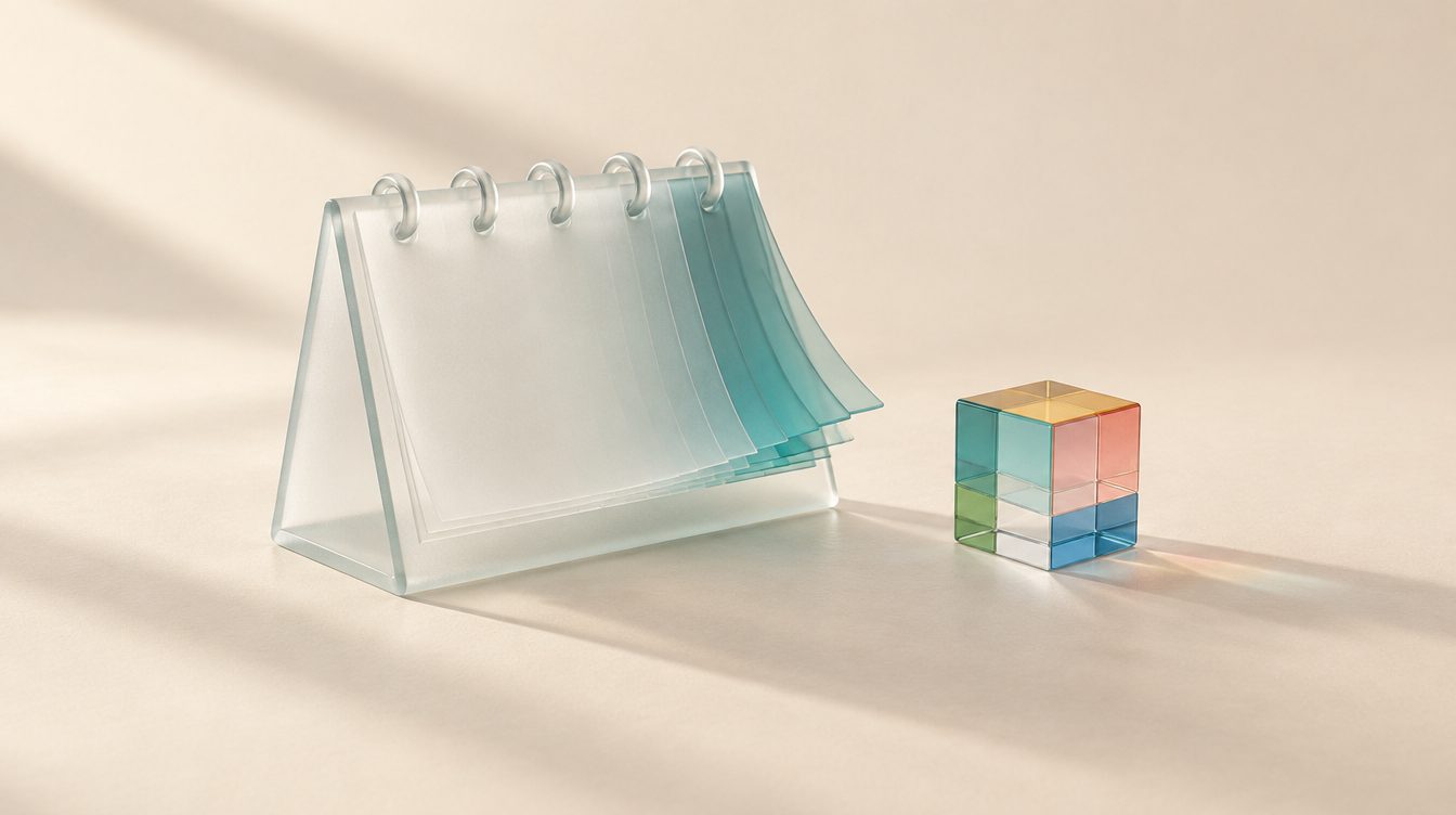 A glass calendar with the last pages lifting, beside the finished six-colour cube