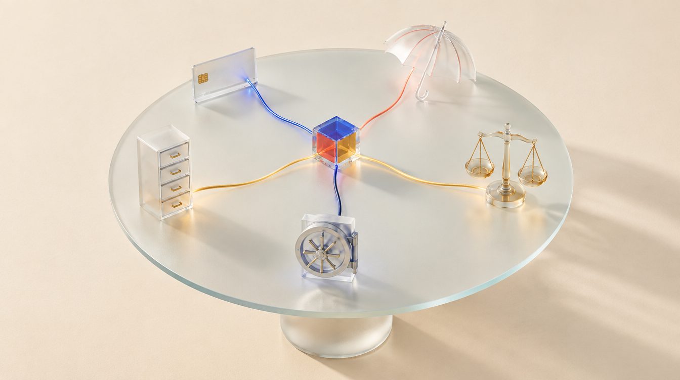A round glass table with five objects connected to a cube at the centre