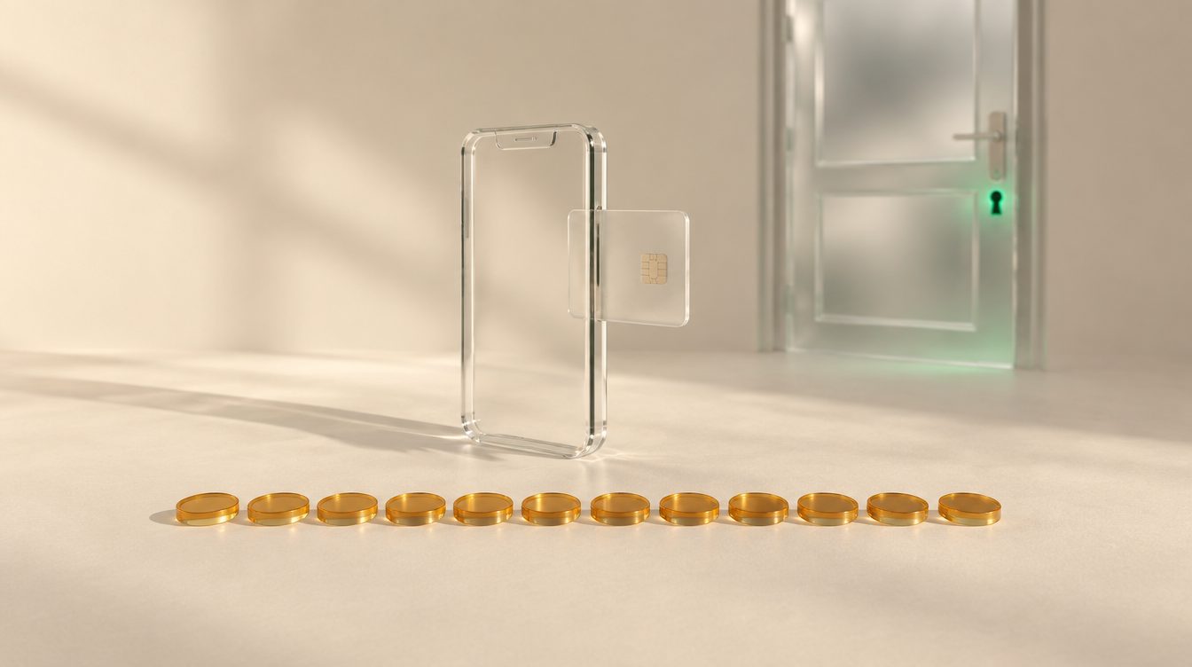 A glass phone with a card sliding out, twelve gold coins in a row