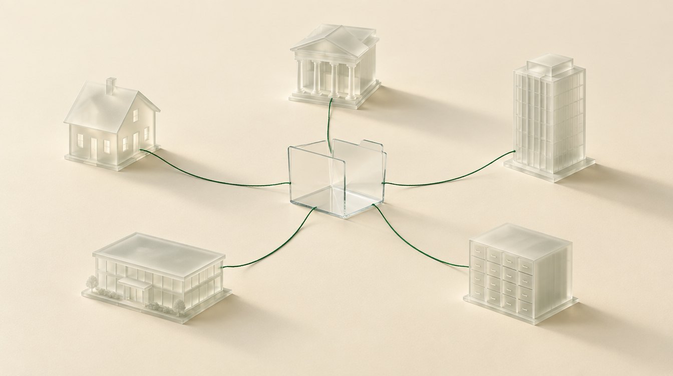 Five buildings with light threads to a glass cube in the centre.